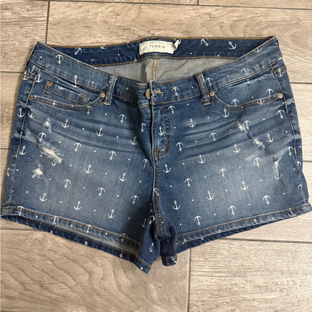 Torrid Blue Nautical Jean Shorts with Distressed Look